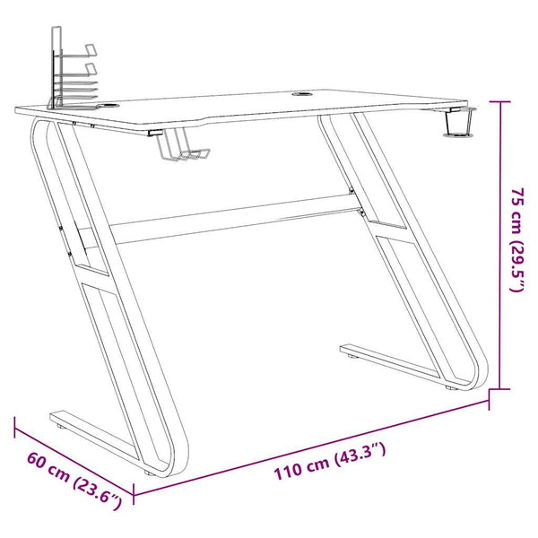 vidaXL Gaming Desk with Z-Shaped Legs Black 110x60x75 cm