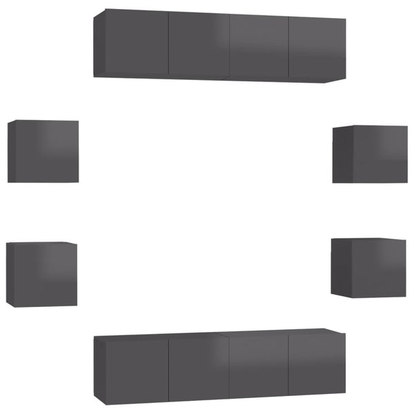 vidaXL 8-Piece TV Cabinet Set High Gloss Grey Engineered Wood