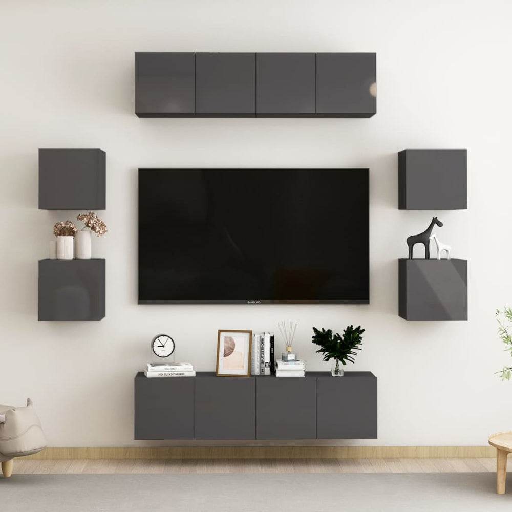 vidaXL 8-Piece TV Cabinet Set High Gloss Grey Engineered Wood