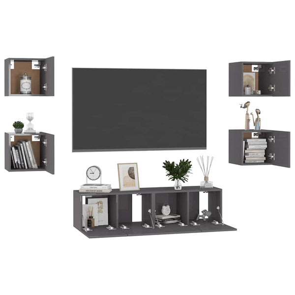 vidaXL 6-Piece TV Cabinet Set High Gloss Grey Engineered Wood
