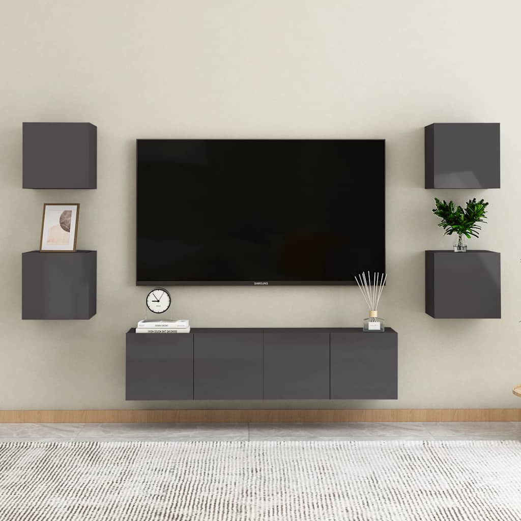 vidaXL 6-Piece TV Cabinet Set High Gloss Grey Engineered Wood