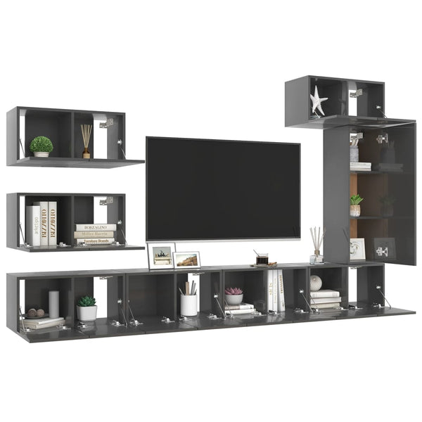 vidaXL 8-Piece TV Cabinet Set High Gloss Grey Engineered Wood