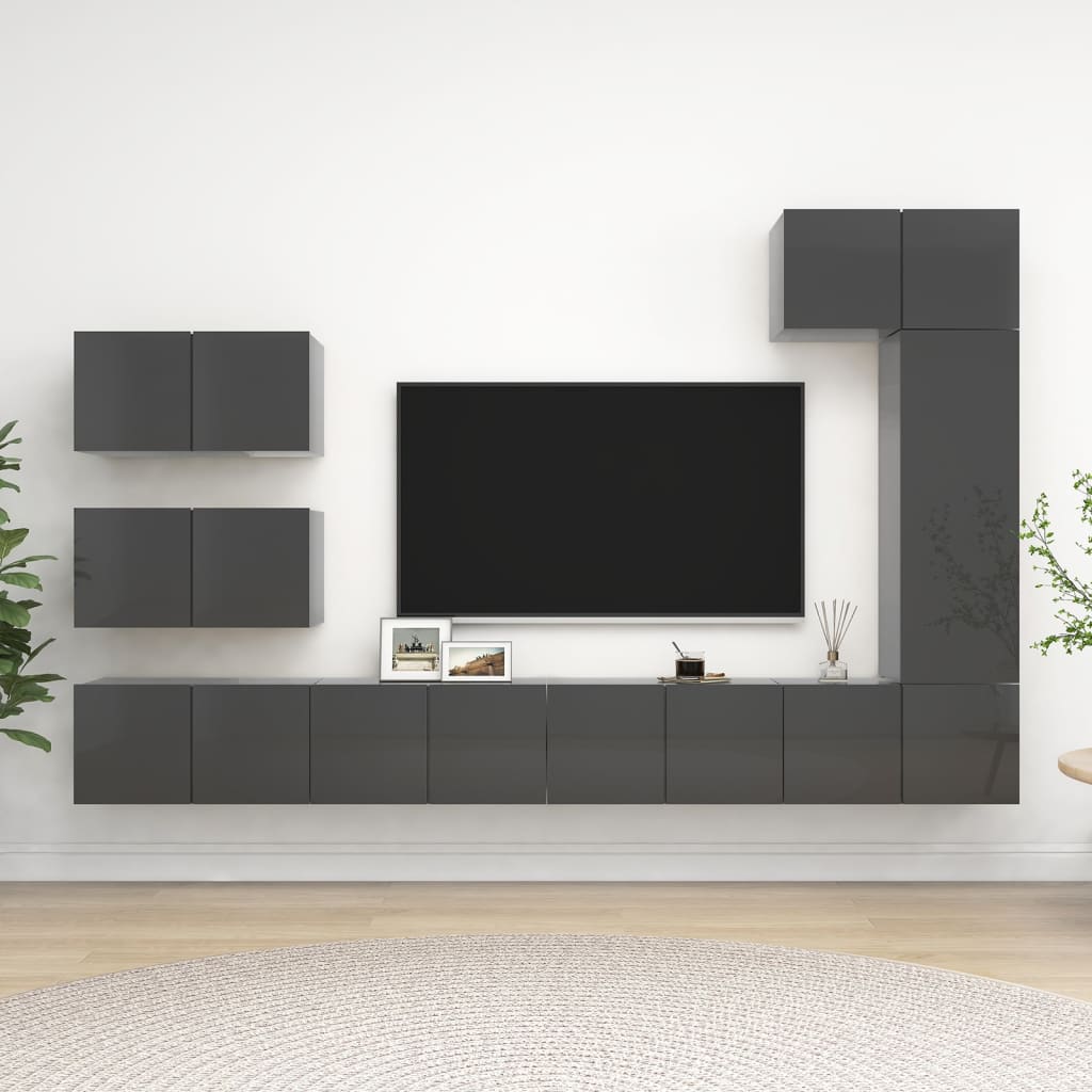 vidaXL 8-Piece TV Cabinet Set High Gloss Grey Engineered Wood