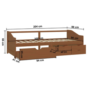 vidaXL Day Bed 3-Seater Drawers Honey Brown Pine Wood 90x200 cm