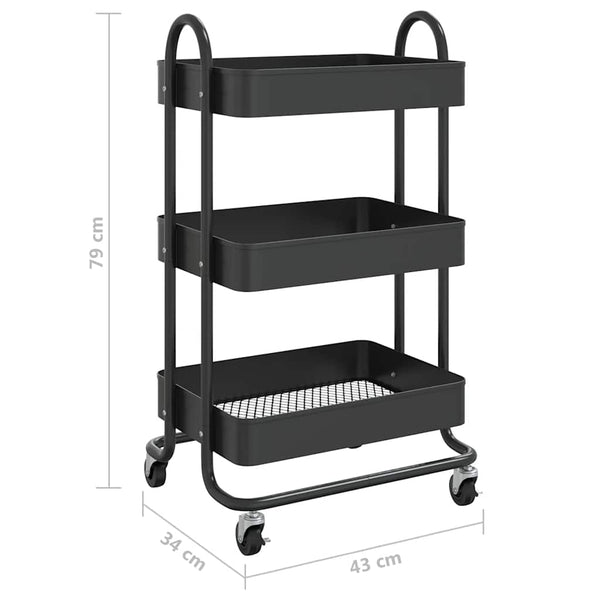 Schwarzer 3-Etagen-Stahlwagen 43x34x79 cm