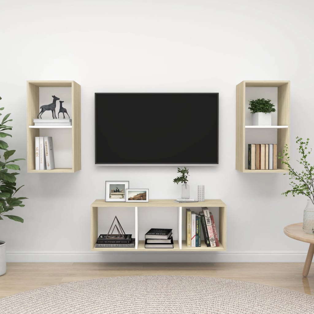 vidaXL 3-Piece TV Cabinet Set White Sonoma Oak Engineered Wood