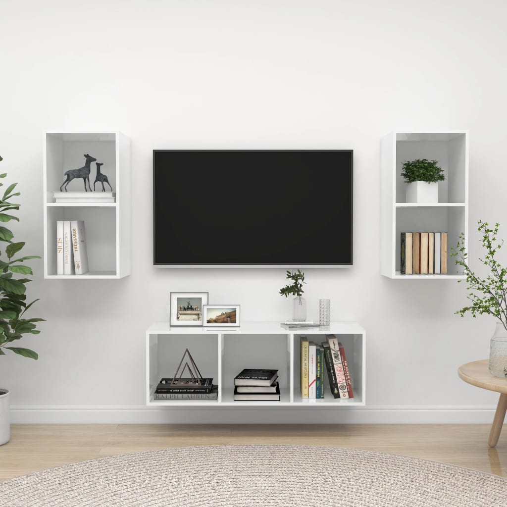 vidaXL 3-Piece TV Cabinet Set High Gloss White Engineered Wood
