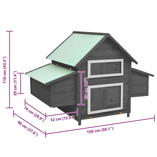 vidaXL Chicken Coop Grey and White 150x96x110 cm Solid Fir Wood