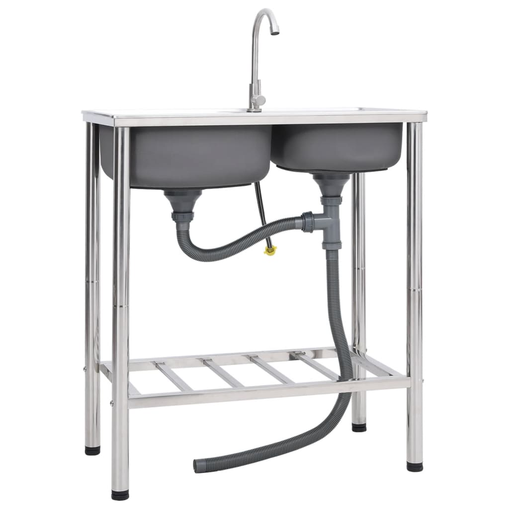 vidaXL Double Basin Camping Sink with Faucet Stainless Steel