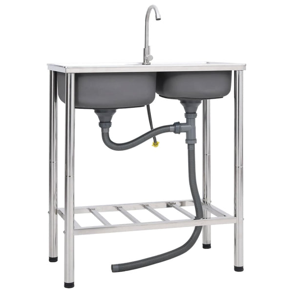vidaXL Double Basin Camping Sink with Faucet Stainless Steel