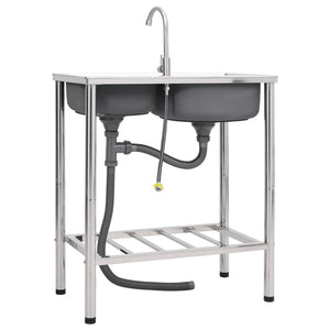 vidaXL Double Basin Camping Sink with Faucet Stainless Steel