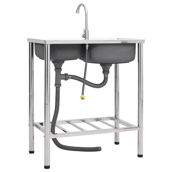 vidaXL Double Basin Camping Sink with Faucet Stainless Steel
