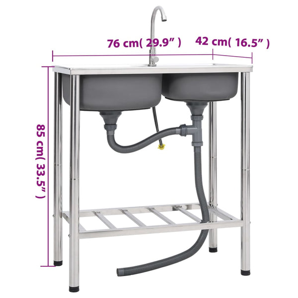 vidaXL Double Basin Camping Sink with Faucet Stainless Steel
