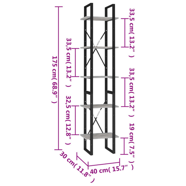 vidaXL Bookshelf 5 Tiers Concrete Grey 40x30x175 cm Engineered Wood