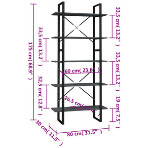 vidaXL Bookcase 5 Tiers Grey 80x30x175 cm Solid Pine Wood