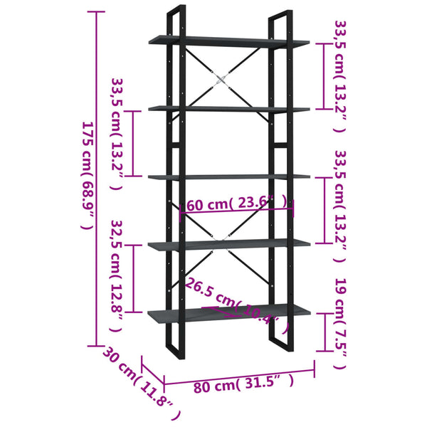 vidaXL Bookcase 5 Tiers Grey 80x30x175 cm Solid Pine Wood