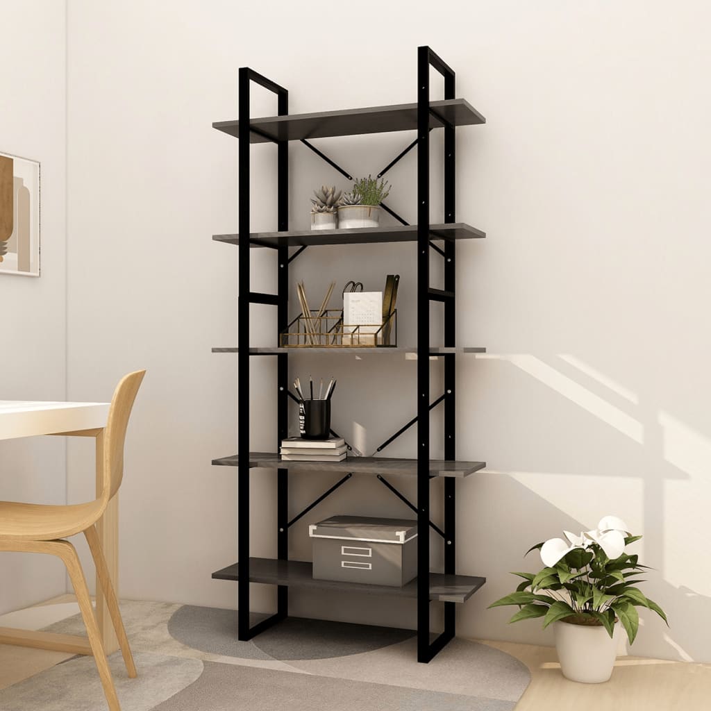 vidaXL Bookcase 5 Tiers Grey 80x30x175 cm Solid Pine Wood