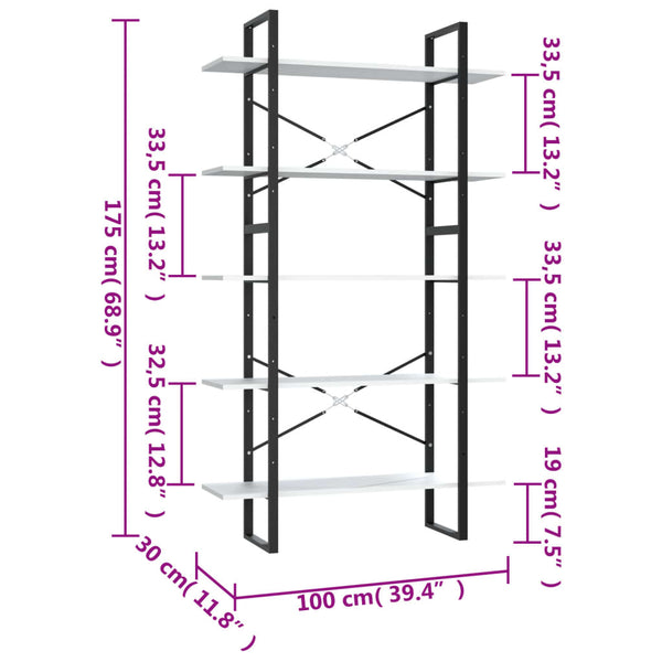 vidaXL Bookcase 5 Tiers White 100x30x175 cm Engineered Wood