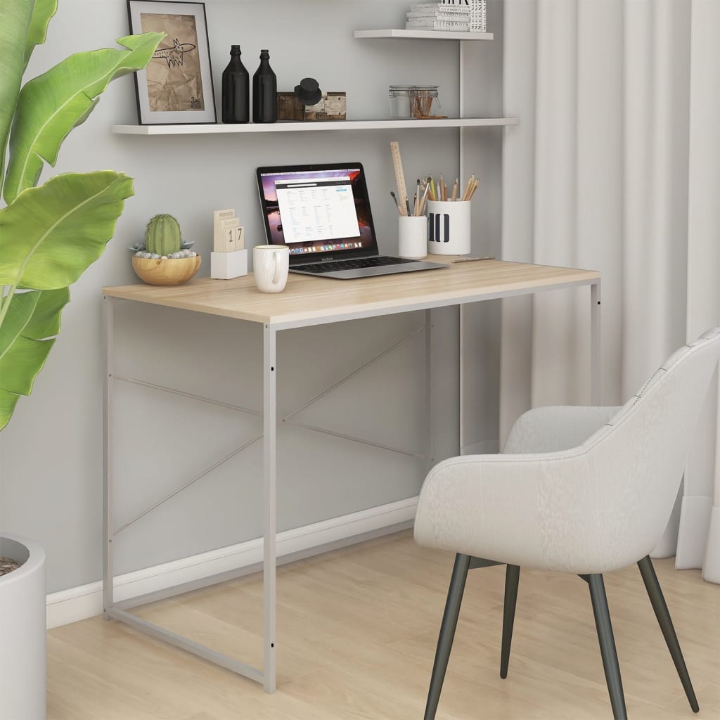 vidaXL Computer Desk White and Oak Look 110x60x70 cm Engineered Wood