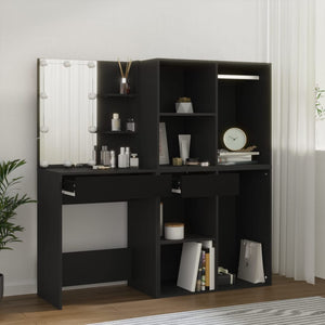 vidaXL LED Dressing Table with Cabinets Black Engineered Wood