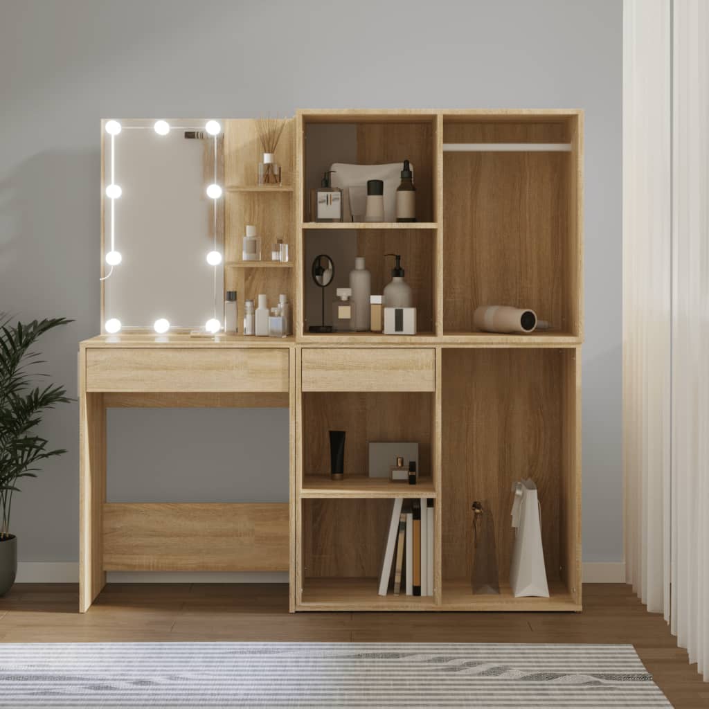 vidaXL LED Dressing Table with 2 Cabinets Sonoma Oak Engineered Wood