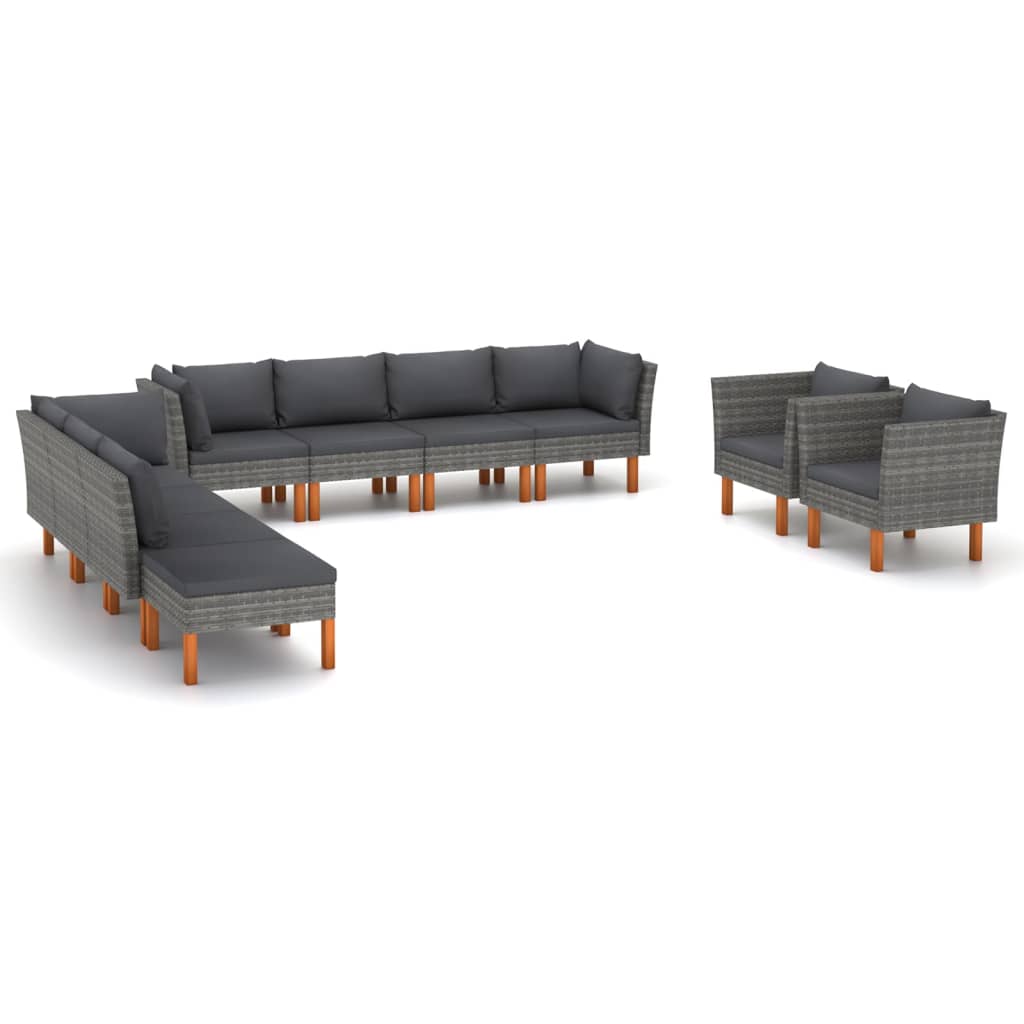 vidaXL 10-Piece Garden Lounge Set Poly Rattan and Eucalyptus Wood Grey