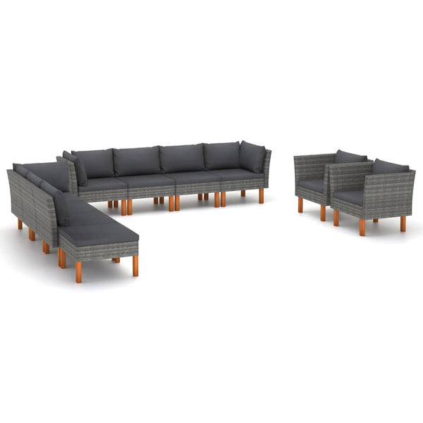 vidaXL 10-Piece Garden Lounge Set Poly Rattan and Eucalyptus Wood Grey