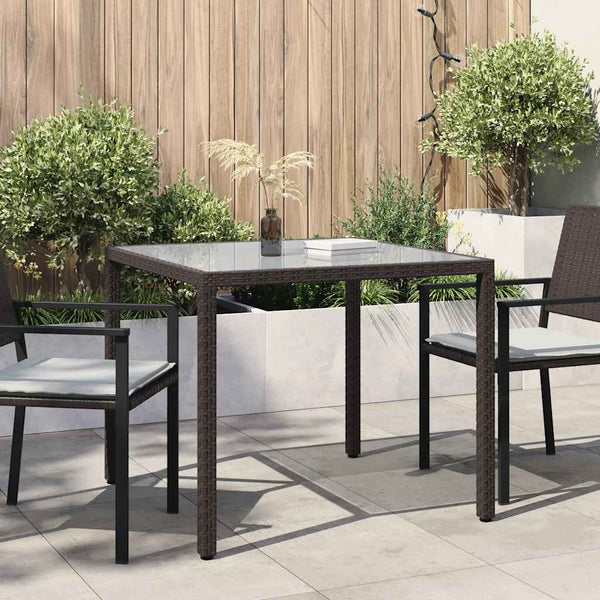 vidaXL Garden Table 90x90x75 cm Tempered Glass Poly Rattan Brown
