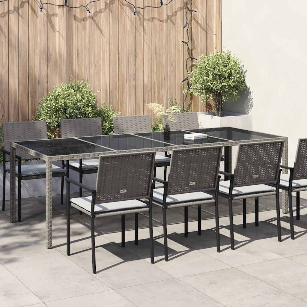 vidaXL Garden Dining Table Grey 250x100x75 cm Tempered Glass and Poly Rattan