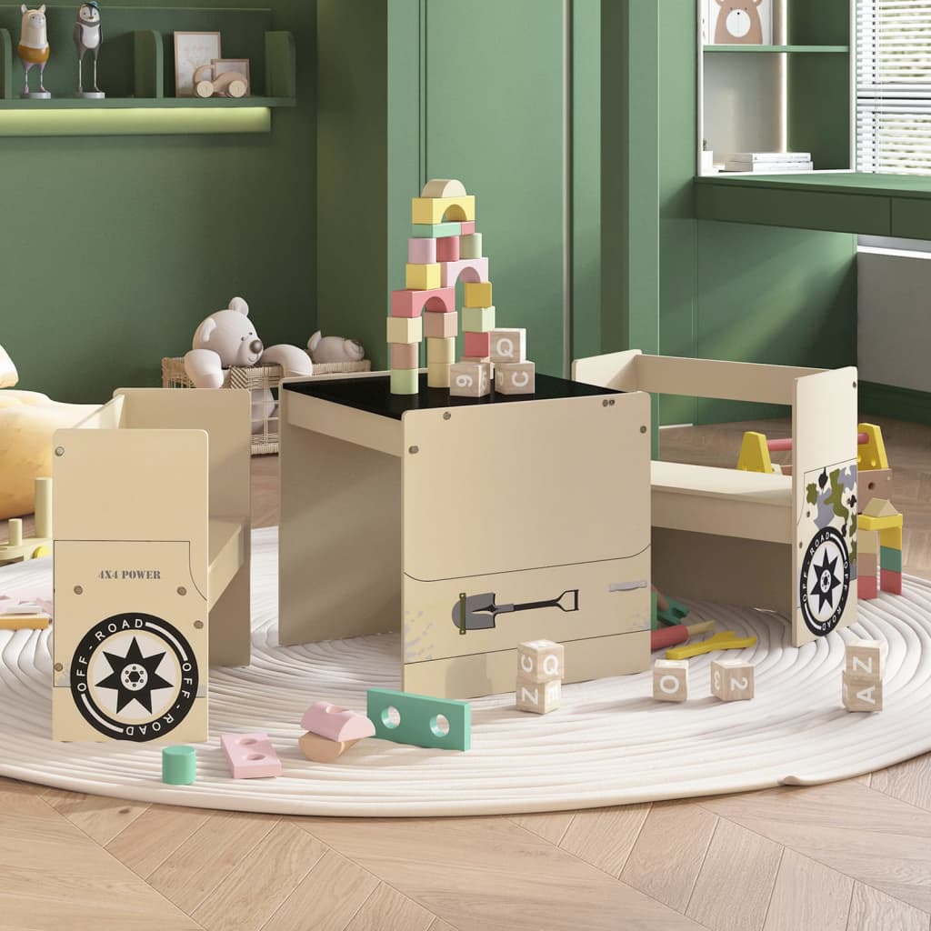 vidaXL 3-Piece Kids' Table and Chair Set Off-Road Vehicle Design MDF