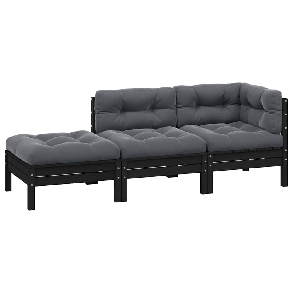 vidaXL 3-Piece Garden Lounge Set with Cushions Black Solid Pine Wood