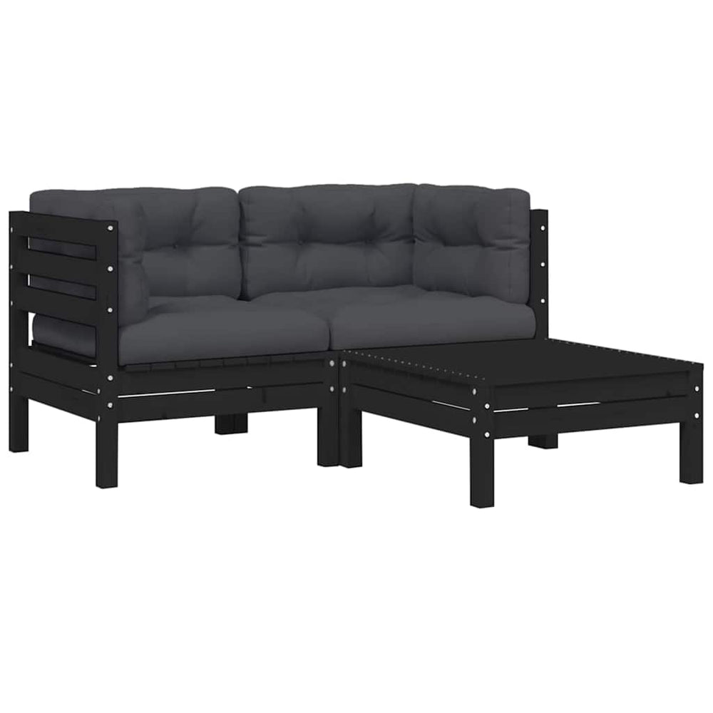 vidaXL 3-Piece Garden Lounge Set with Cushions Black Solid Pine Wood