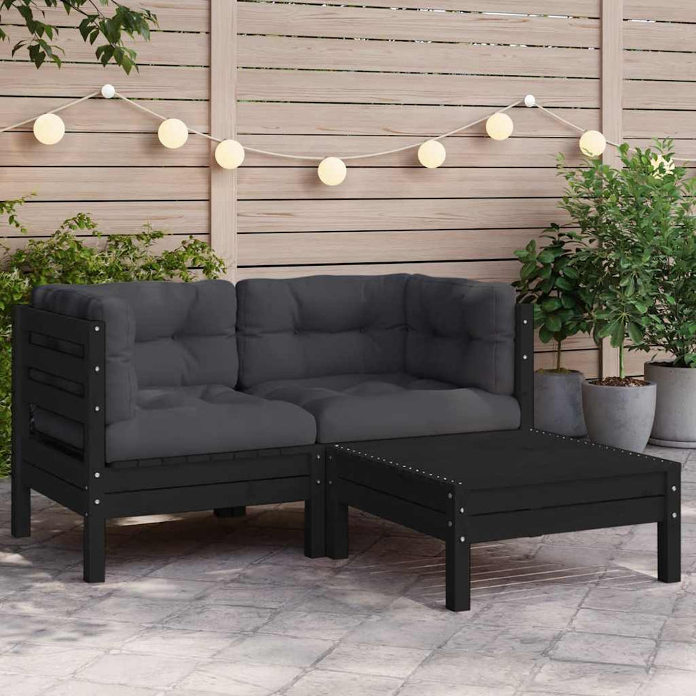 vidaXL 3-Piece Garden Lounge Set with Cushions Black Solid Pine Wood