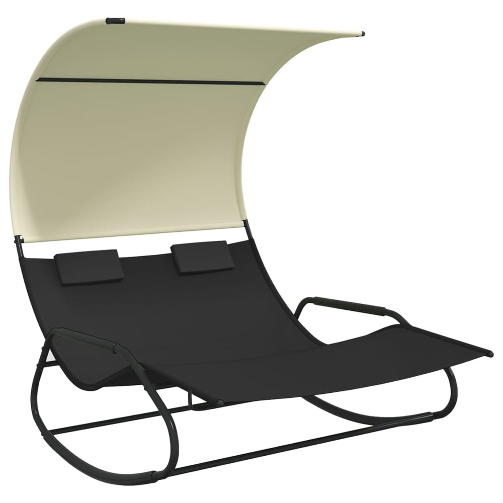 vidaXL Double Rocking Lounger with Sun Canopy Black and Cream