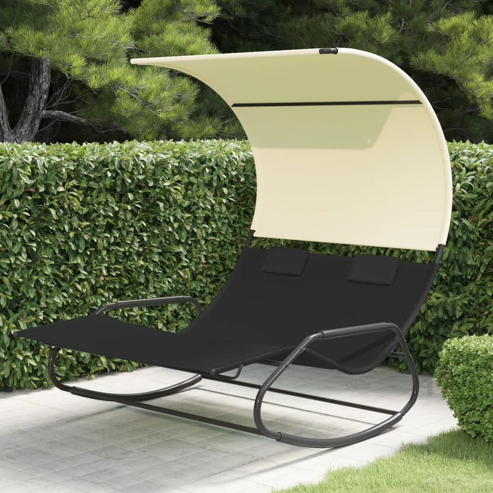vidaXL Double Rocking Lounger with Sun Canopy Black and Cream