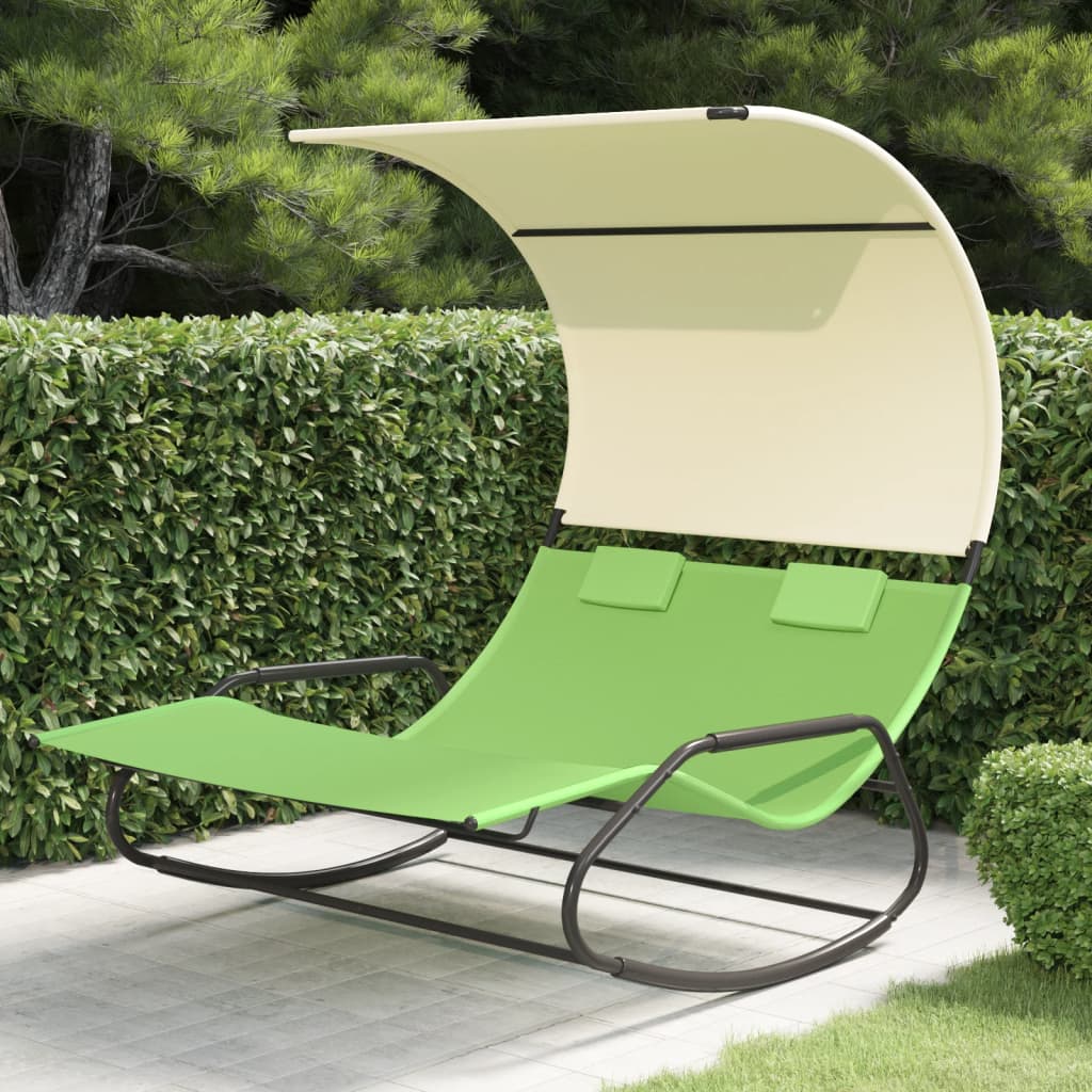 vidaXL Double Sun Lounger with Canopy Green and Cream