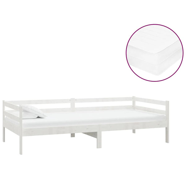 vidaXL Day Bed with Mattress 90x200 cm White Solid Pine Wood