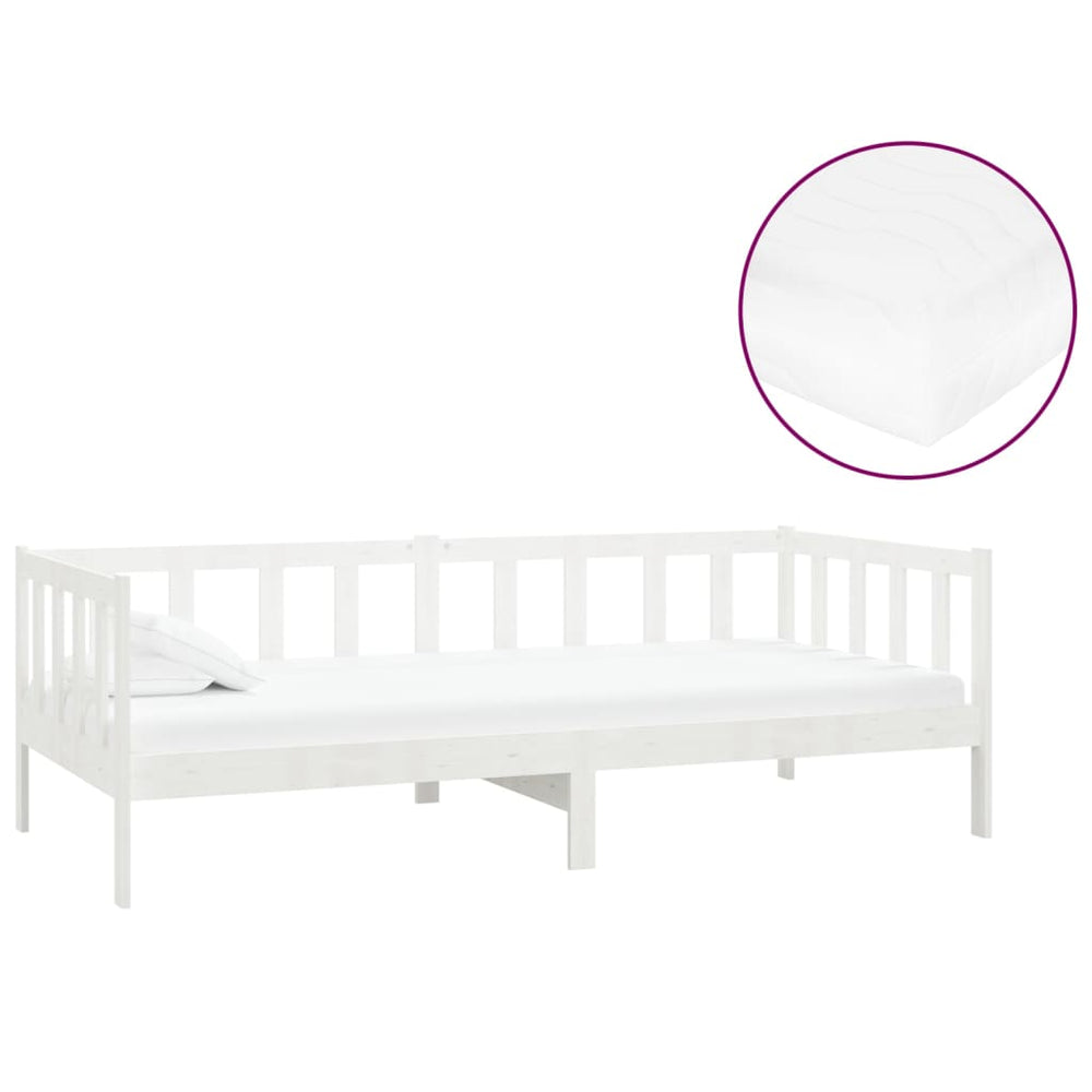 vidaXL Day Bed with Mattress 90x200 cm White Solid Pine Wood