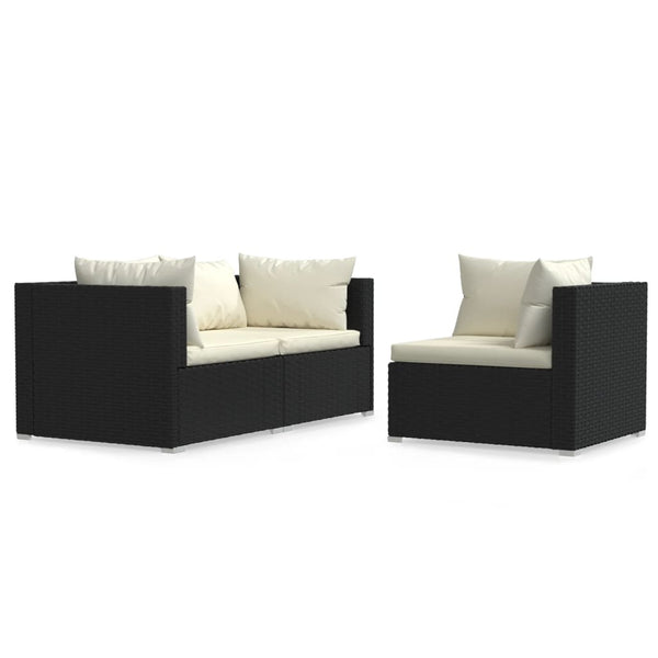 vidaXL 3-Piece Garden Lounge Set with Cushions Black Poly Rattan