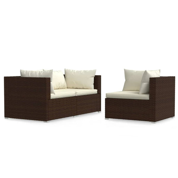 vidaXL 3-Piece Garden Lounge Set with Cushions Brown Poly Rattan