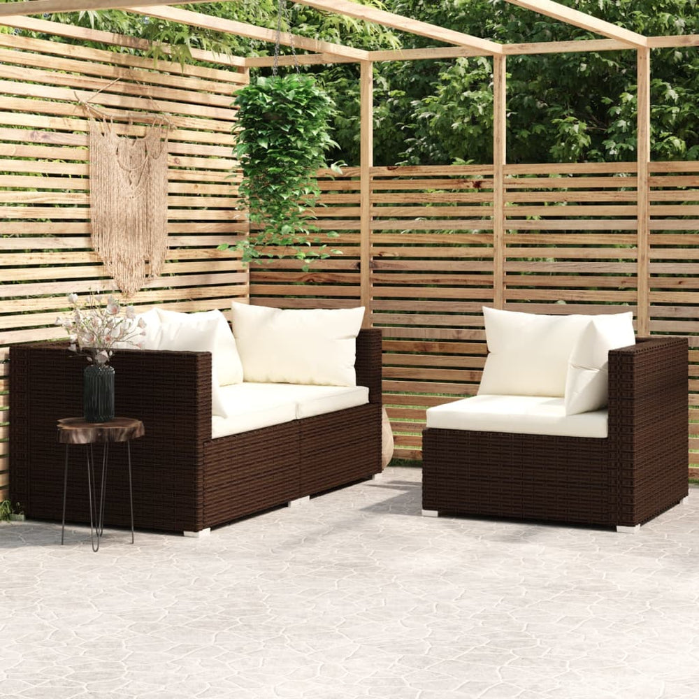 vidaXL 3-Piece Garden Lounge Set with Cushions Brown Poly Rattan