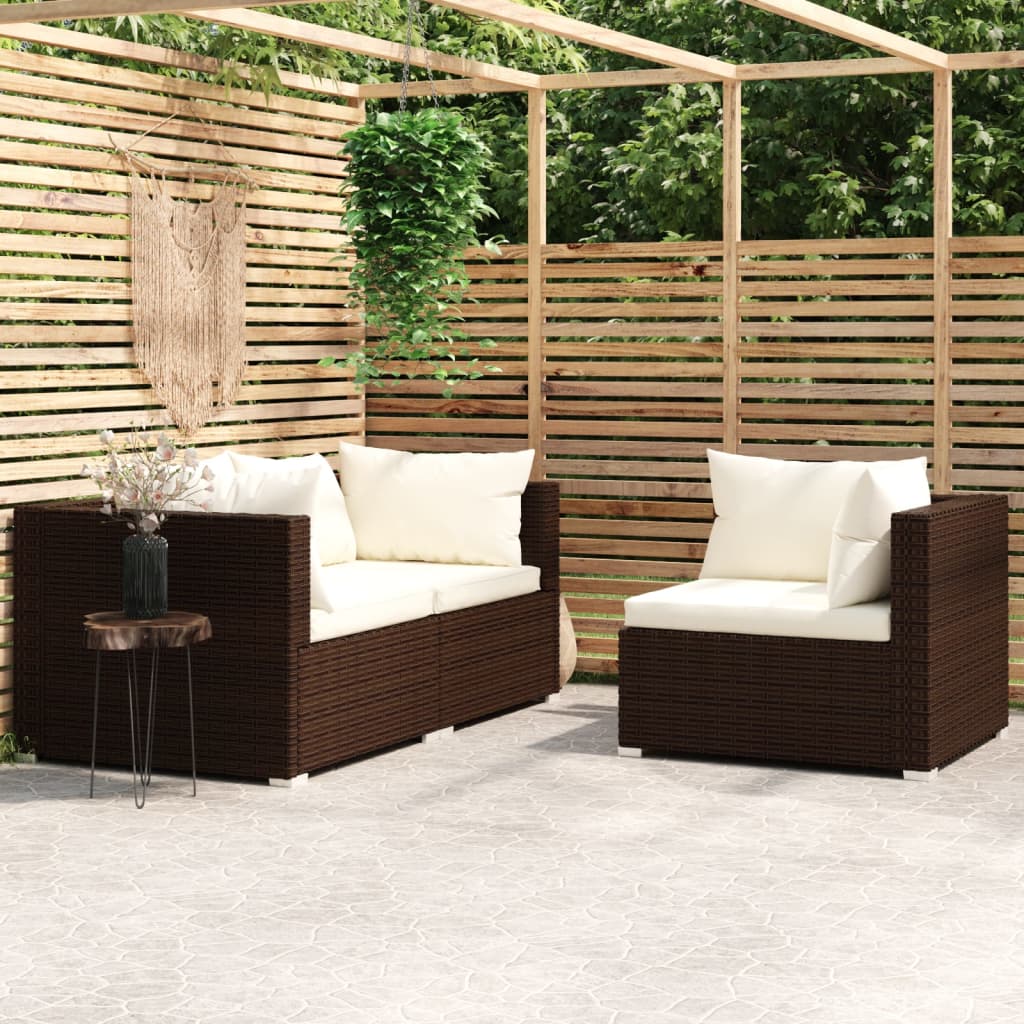 vidaXL 3-Piece Garden Lounge Set with Cushions Brown Poly Rattan