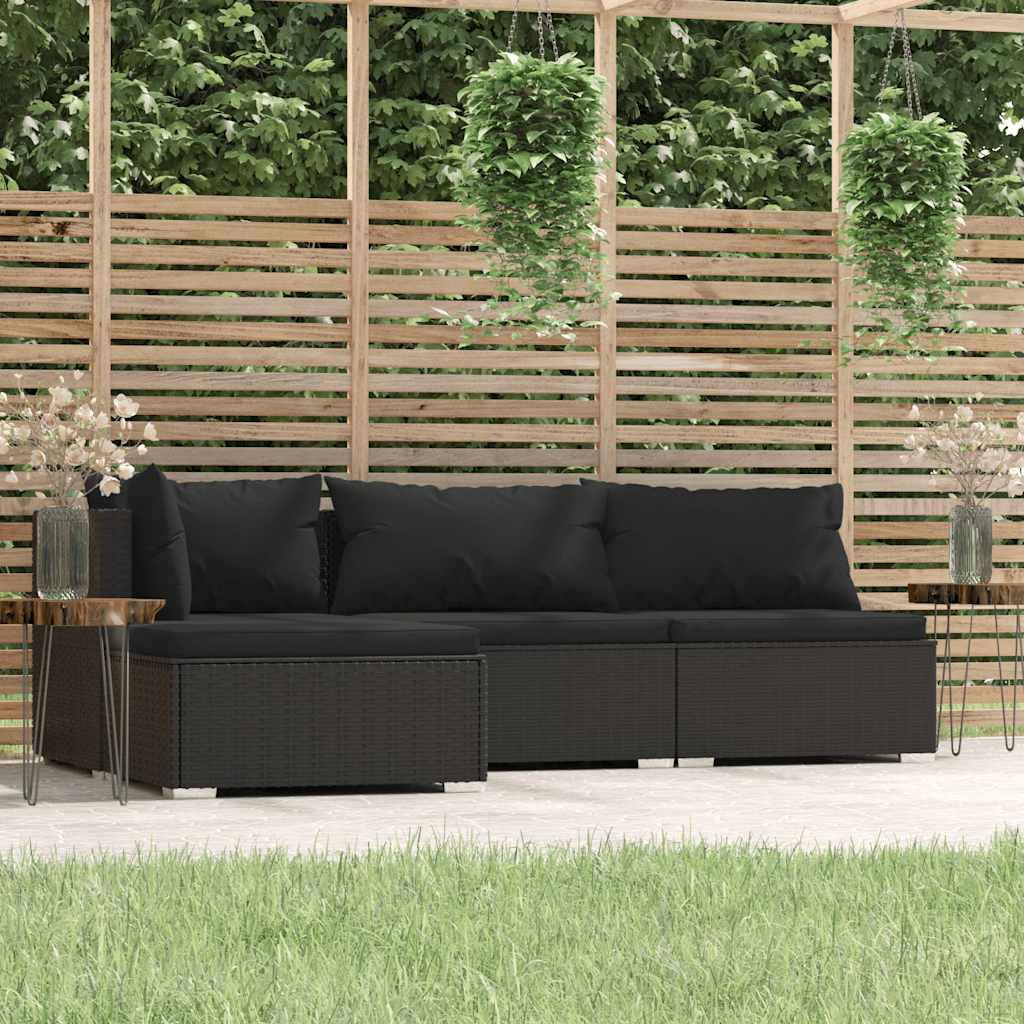 vidaXL 4-Piece Garden Lounge Set with Cushions Black Poly Rattan