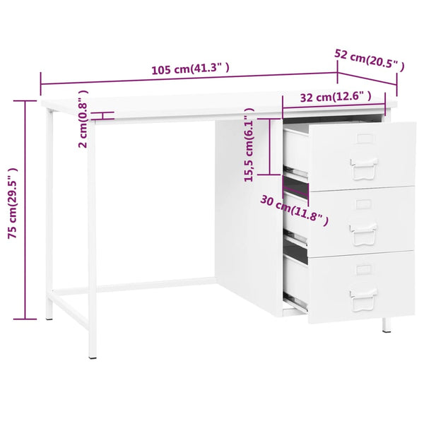 vidaXL Industrial-Style Desk with Drawers White 105x52x75 cm