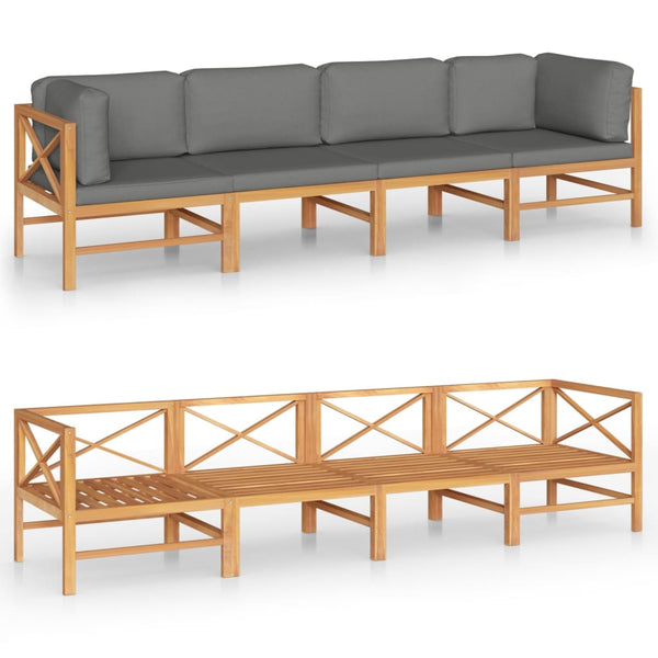 4-Sitzer-Gartensofa mit Grauen Kissen Massivholz Teak