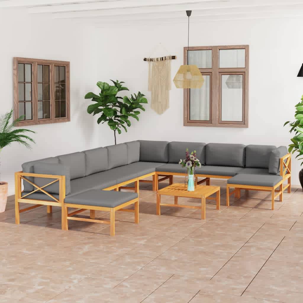 vidaXL 11-pc. Garden Lounge Set with Grey Cushions Solid Teak Wood