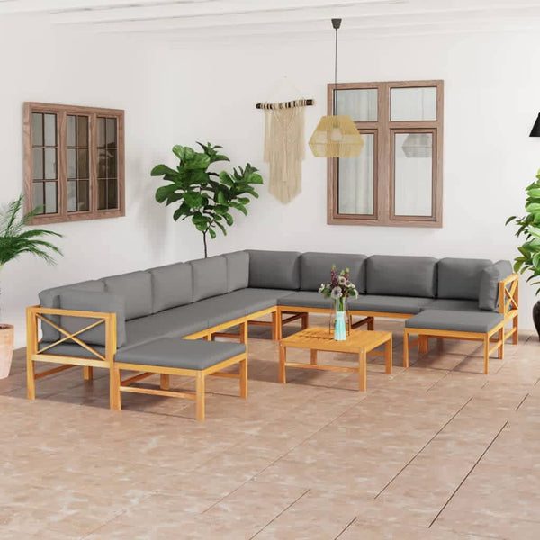vidaXL 11-pc. Garden Lounge Set with Grey Cushions Solid Teak Wood