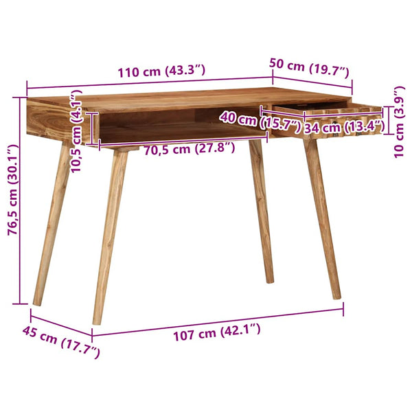 vidaXL Desk 110x50x76 cm Solid Acacia Wood