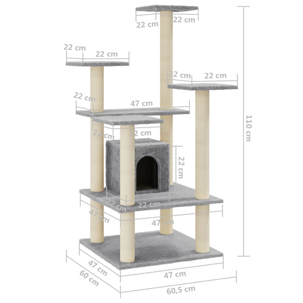 vidaXL Cat Tree with Sisal Scratching Posts Light Grey 110 cm
