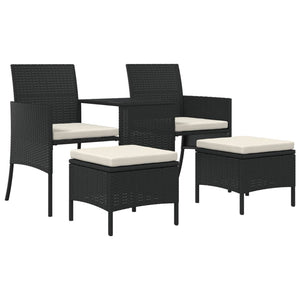 vidaXL 2-Seater Garden Sofa with Table and Stools Black Poly Rattan
